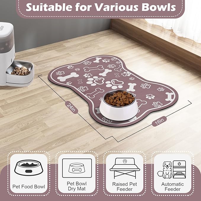 Dog Cat Mat for Food and Water,Rapid Absorbent Pet Feeding Mat, Bone Shaped Dog Placemat Bowl Mat with Rubber Backing,No Stains Pet Food Mats Indoor, Pet Accessories Supplies,Brown 16"×24"