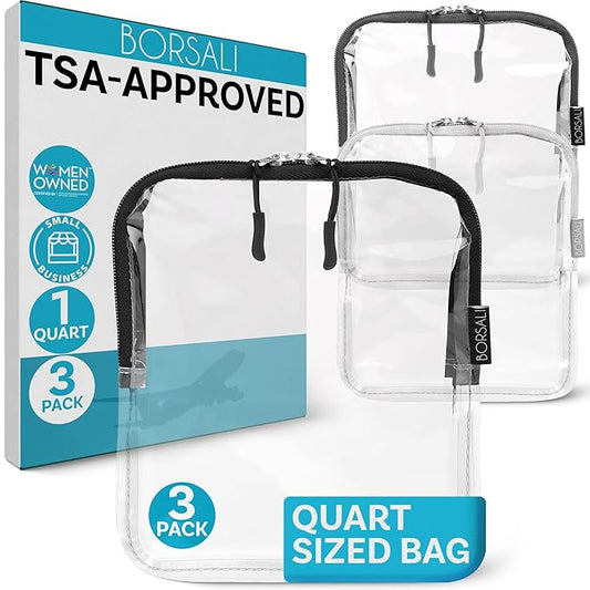 BORSALI TSA Approved Toiletry Bag - Clear Quart Size for 3-1-1 Carry On Travel - Makeup Organizer Cosmetic Pouch with Zipper - Travel Accessories - Set of 3