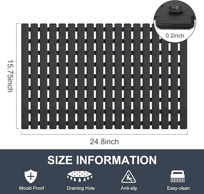 Yolife Quick Drain Shower Mat, 24.8 x 15.8 inch Power Grip Shower Mat Non Slip, Raised Non Slip Shower Mats for Inside Shower, Heavy Duty Curlable Stand up Shower Floor Mat,Black