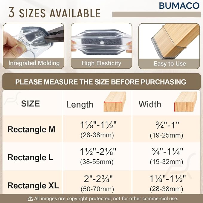 BUMACO Chair Leg Floor Protectors Rectangle Chair Leg Protectors for Hardwood Floors Silicone Pads Covers to Protect Floors(Clear-40 Pcs, Rectangle XL Fit (L:2” ~ 2-1/2”,W:1” ~ 1/2”)