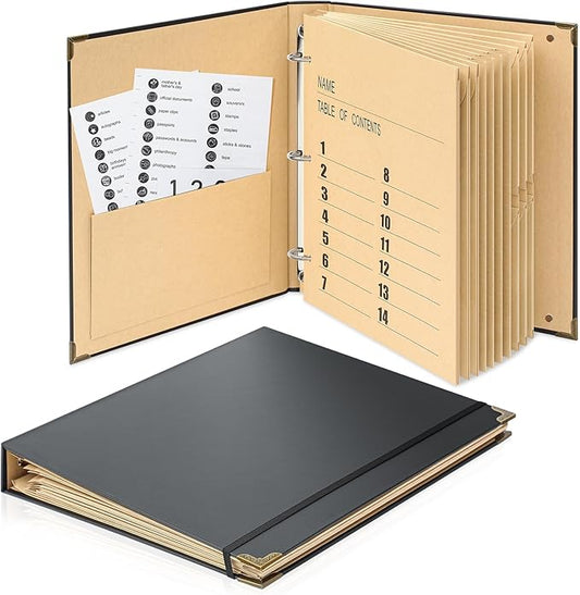 Marspark 3 Rings Important Document Organizer with Labels, Family Document Organizer Binder, Expanding File Folder for Important Papers, Letters, Birth Certificates, Photos, Passports(Black)