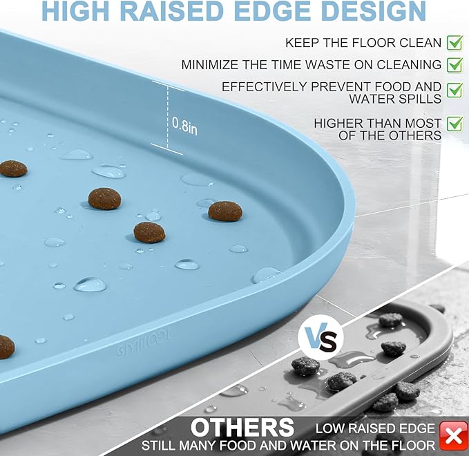 Silicone Pet Food Mat with Raised Edge for Food and Water Bowl, Dog Feeding Mats, Cat Food Trays for Floor Waterproof, Rubber Tray for Dogs and Cats, 22 x 14 x 0.8 Light Blue
