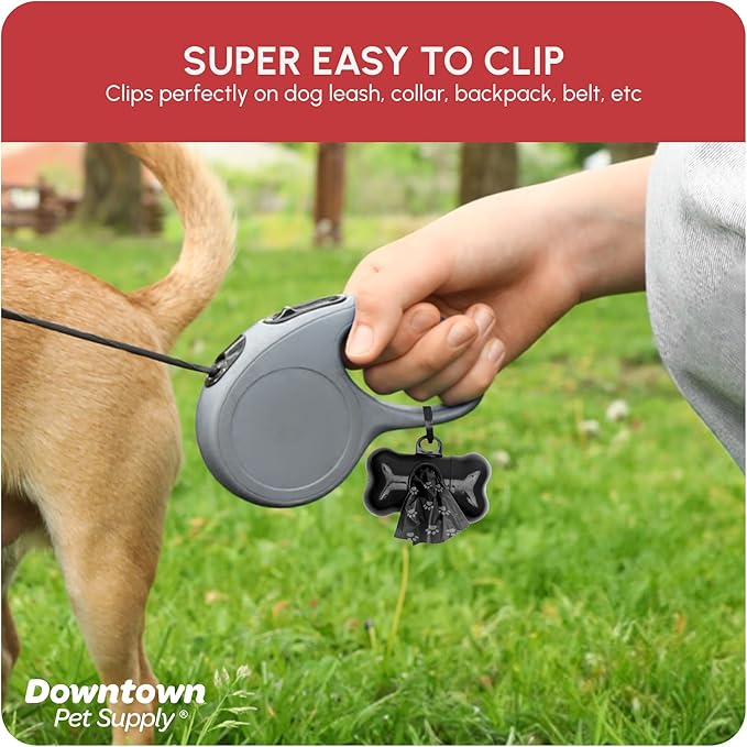 Downtown Pet Supply Poop Bags for Dogs with Dispenser, 180 Count - Leak-Proof Dog Waste Bags and Bone-Shaped Dog Poop Bags Holder for Leash - Black with Paw Prints, 12.5" x 8.5"