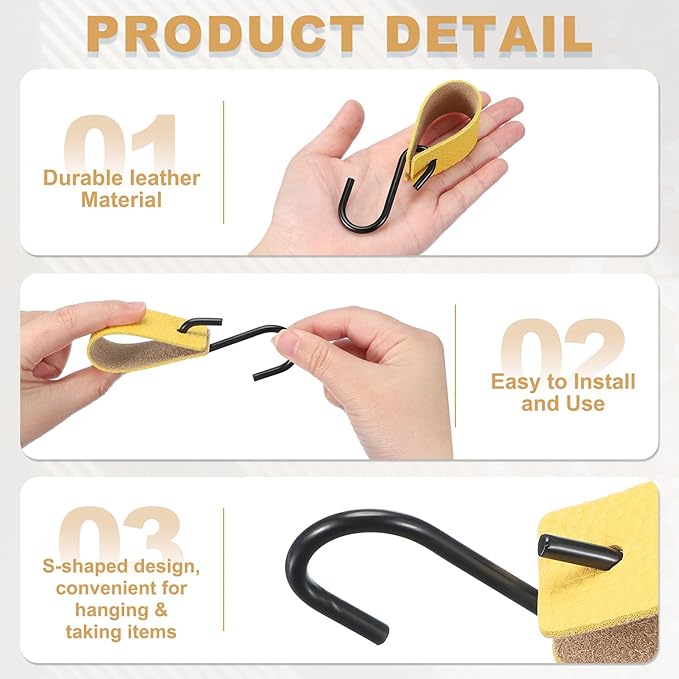 uxcell 6 Pcs PU Leather S Hooks, Multifunctional S Shaped Hooks for Hanging Coat Towel Camping Kitchen Bathroom Handle, Yellow