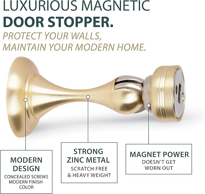 MEGA HANDLES Magnetic Door Stopper, Scratch Free Magnetic Door Catch for Wall, Elegant Magnet Door Stopper for Bottom of The Door- Satin Brass (1 Pack)