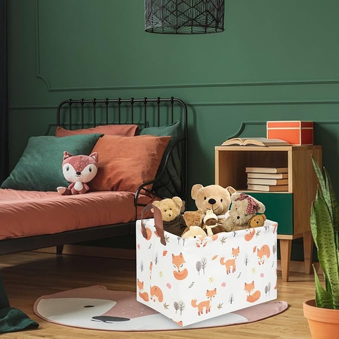 FXOCSHE Rectangle Fox Basket,Collapsible canvas waterproof storage basket,Toy Organizer,Laundry Baskets for Kid Rooms,Baby Room decor,Toy Baskets,Woodland Nursery Decor(Fox)