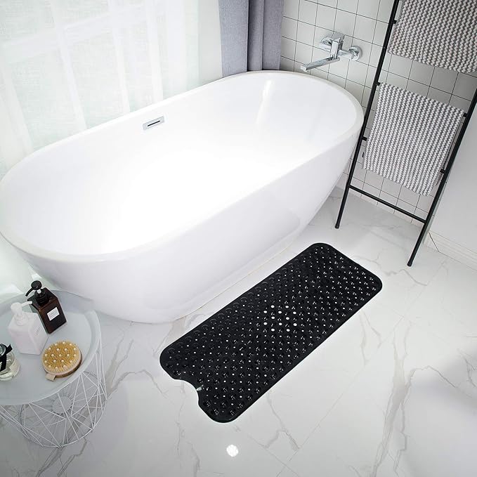 Bathtub Mats for Shower Tub, Extra Long Non-Slip 39 x 16 Inch Bath Mat with Drain Holes and Suction Cups, BathMat for Bathroom with Machine Washable (Opaque Black)