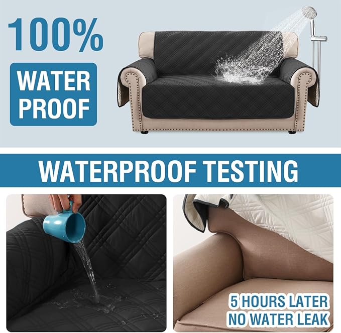 H.VERSAILTEX 100% Waterproof Love Seat Covers Washable Modern Love Seat Covers Thick Soft Couch Cover for Dogs with Elastic Straps (Loveseat, Black/Beige)
