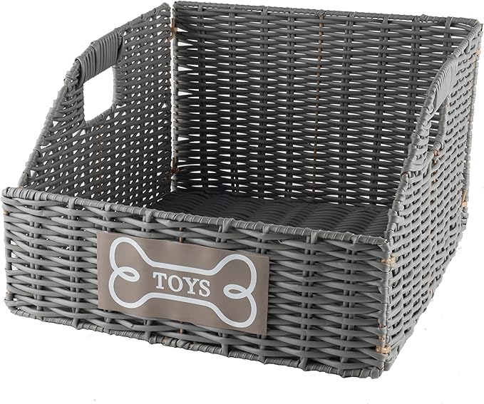 Geyecete Wicker Dog Toy Basket, Collapsible Plastic Vine Storage Bin with Handles, Grey, 840 Count, Pet Organization, Living Room, Bedroom, Bathroom, Nursery Room