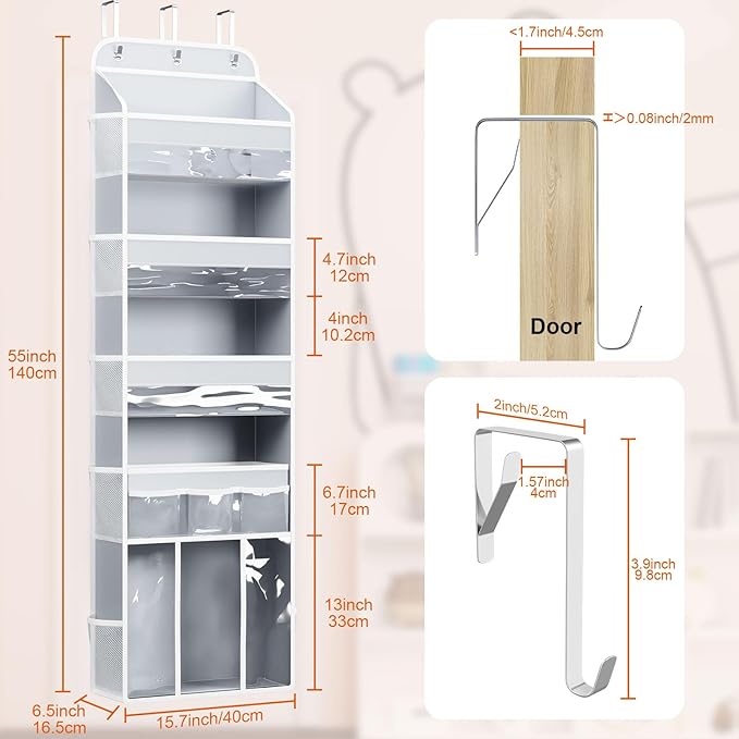 OneDream Over the Door Organizer for Nursery, 5-Tier Storage with Removable Caddy, Clear Pockets & Mesh Compartments, Ideal for Baby Essentials, Toiletries, Craft Supplies, Grey