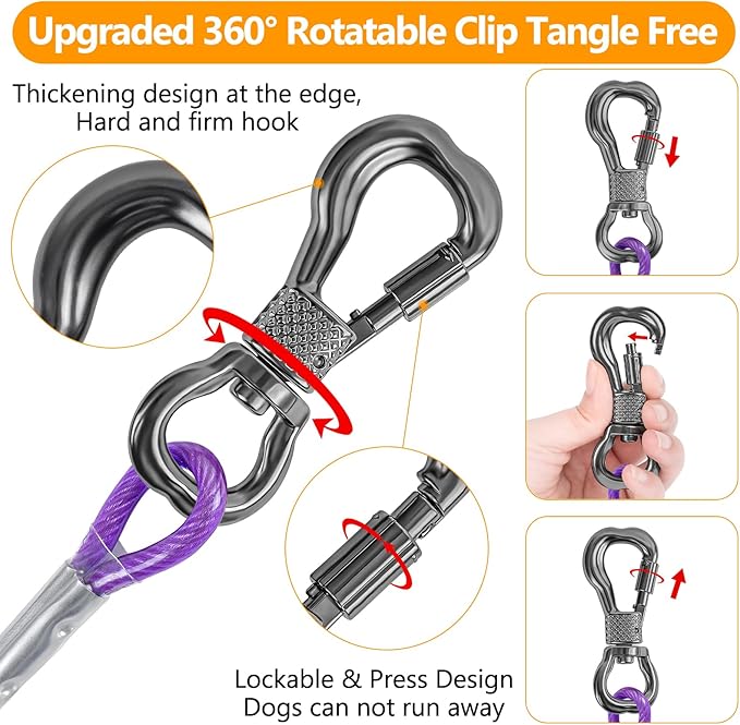 Tresbro 40FT Reflective Tie Out Cable for Dogs Up to 250 Pounds, Steel Wire Lead Leash Cable with Stainless Rotatable Buckle, Lightweight and Enduring, Dog Chains Outside for Outdoor, Yard, Purple