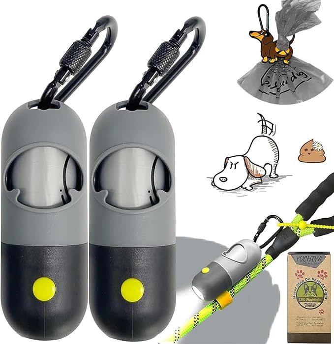 Dog Poop Waste Bags Holder with LED Flashlight|Cute Doggie Poo Bags Dispenser for Pet Leash|Trash Waste Bags Carrier with Potty Clip Fastener LR44 Button Cells Included (Grey, 2 Holder 30 Bags)