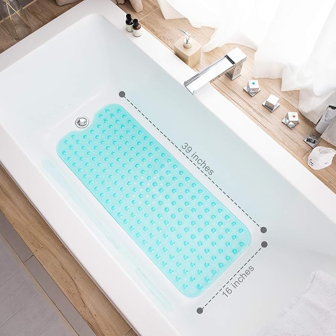Bathtub Mats for Shower Tub, Extra Long Non-Slip 39 x 16 Inch Bath Mat with Drain Holes and Suction Cups, BathMat for Bathroom with Machine Washable (Clear Turquoise)