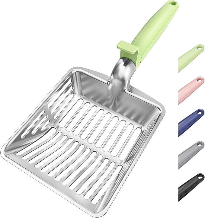 KooMooM Metal Cat Litter Scoop, Large Cat Scooper with Deep Shovel & Dual Sifting Holes for Fast & Precise Sifting, Space Aluminum Kitty Litter Scooper with Long Handle & Easy-to-Hang Hook - Mint