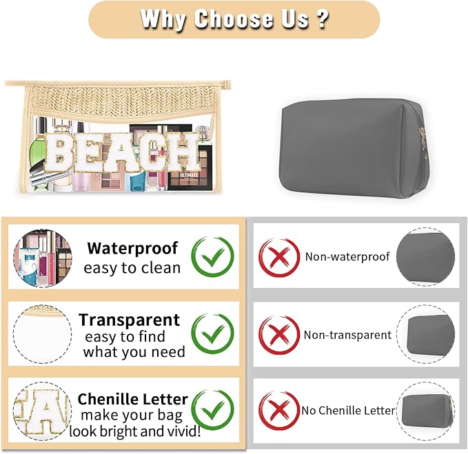 2 Pcs Boho Straw Clear Makeup Letter Pouch, Sunscreen SPF Bag Pouch, Waterproof Beach Toiletry Bag Accessories for Women