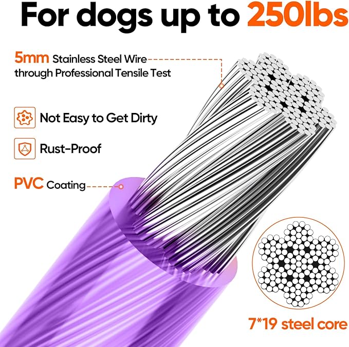 Tresbro 30FT Reflective Tie Out Cable for Dogs Up to 250 Pounds, Steel Wire Lead Leash Cable with Stainless Rotatable Buckle, Lightweight and Enduring, Dog Chains Outside for Outdoor, Yard, Purple