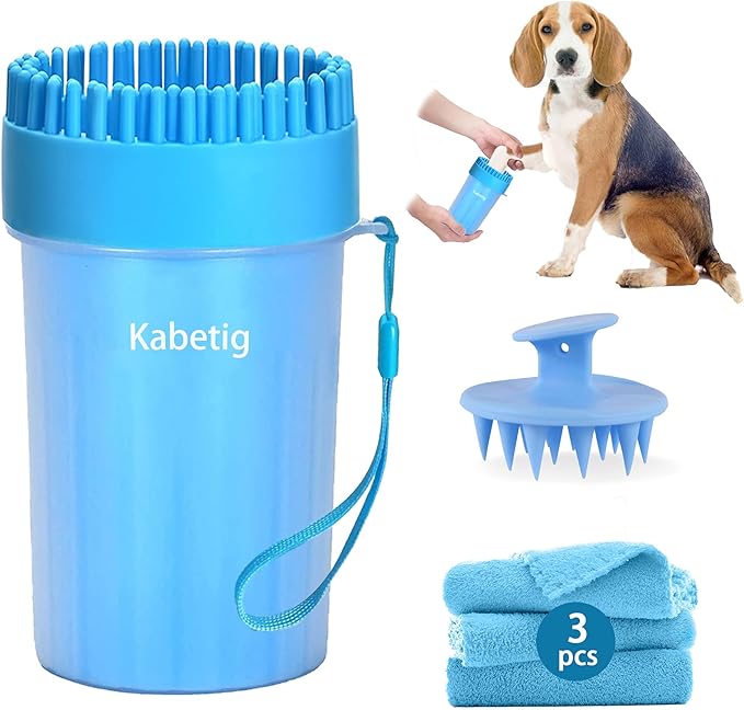 Kabetig Quick Clean Dog Paw Cleaner 5-in-1 Kit, Blue (Medium) - No Full Bath Needed, Post-Walk Paw Clean - with Silicone Bath Brush, 3 Microfiber Towels - Fits Corgi 1.2-2.5 In (3.05-6.35 cm)