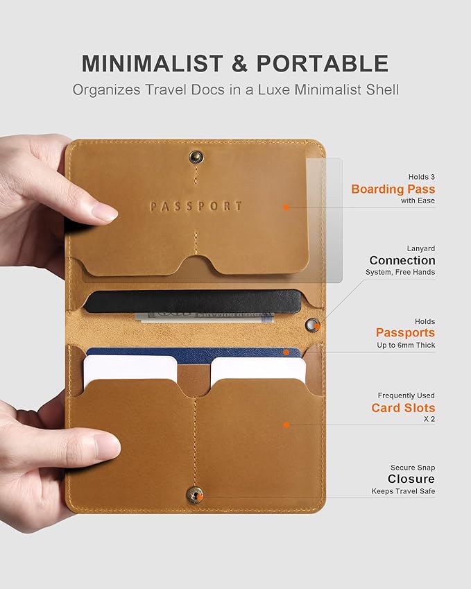 Leather Passport Holder for Travel Women Man, Button Closure Passport Wallet with Airtag Slot,Passport Cover for A Passport Book,Trvavel Essential & Gift