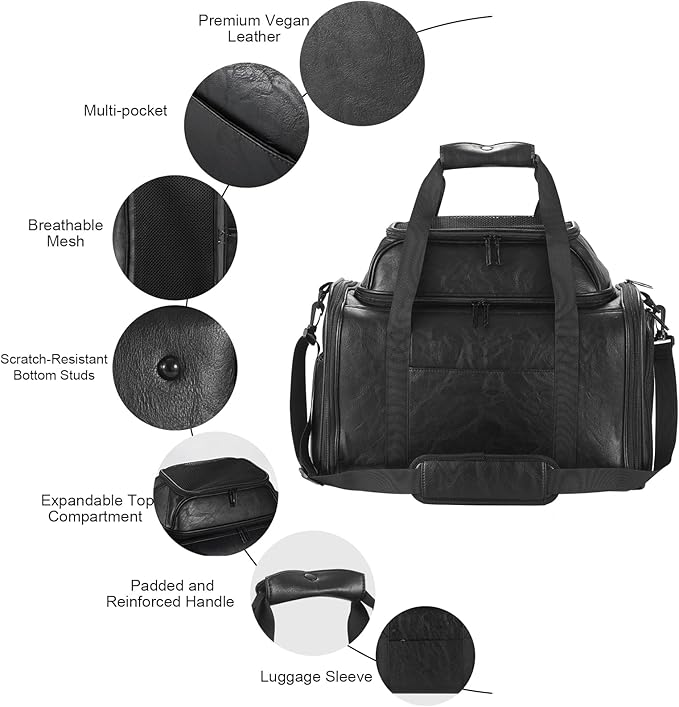 Bosnanller Premium Leather Top Expandable Pet Carrier for Small Dogs & Cats Under 15 lbs, Airline Approved Collapsible Soft-Sided Luxury Travel Bag Black