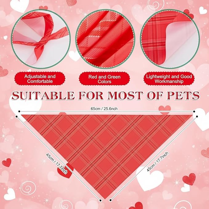 Abbylike 100 Pcs Valentine's & St. Patrick's Day Dog Bandanas Bulk Red & Green Plaid Bandanas for Dogs Triangle Kerchief Bib Scarf for Pet Holiday Costume Photo Props Accessories (25.6 x 17.7 x 17.7)