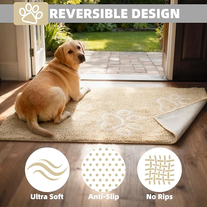 PUPTECK Dog Doormat for Dirty 60 x 30 inch Super Absorbent Microfiber, Non Skid Backing, Beige Door Mat Indooer