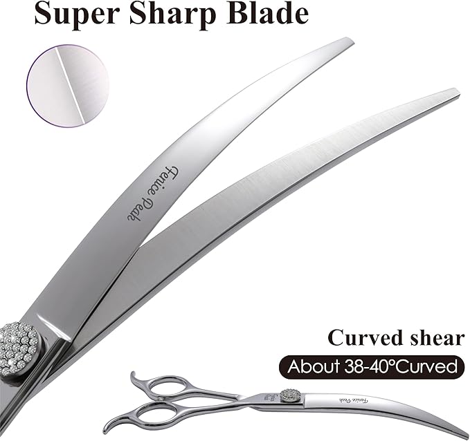 Fenice Peak 7.5‘’ Super Curved Dog Grooming Scissors with Jewelled Screw 440C Stainless Steel Pet Grooming Bending Scissors with Symmetrical Handle for Groomer and Home User