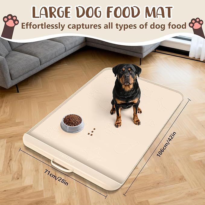 Dog Food Mat with Collection Pocket, 42''x28'' Extra Large Silicone Pet Feeding Mat for Food and Water, Waterproof Anti-Slip Dog Mat with Edge and Handle, Pet Placement for Floor (Beige)