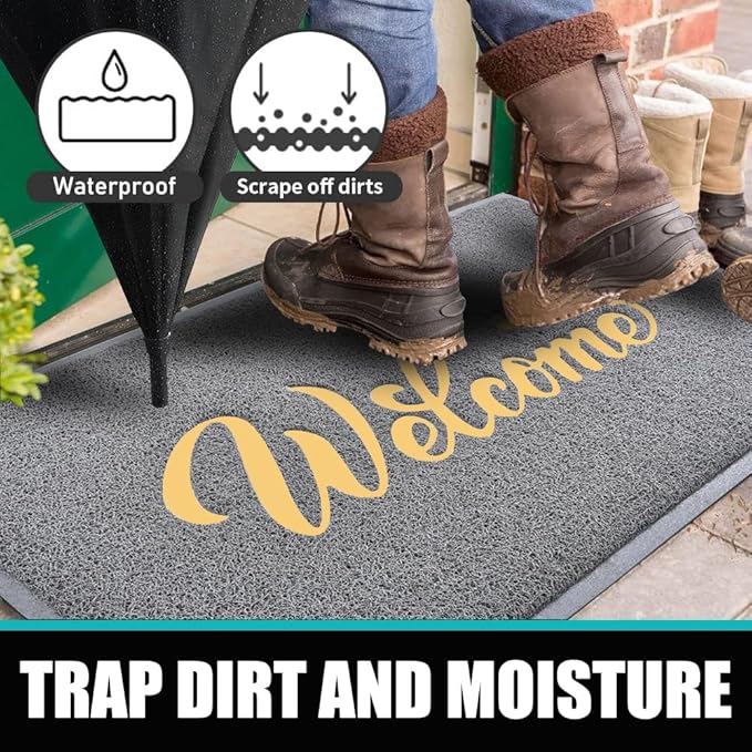 T.HENV Welcome Mat Outdoor, 2 Pack 32x20 Waterproof All-Season Front Door Mat Outside Entrance, All-Weather Quick Drying, Low Profile Doormat Indoor, Patio Porch Entryway Mat, Grey-Gold