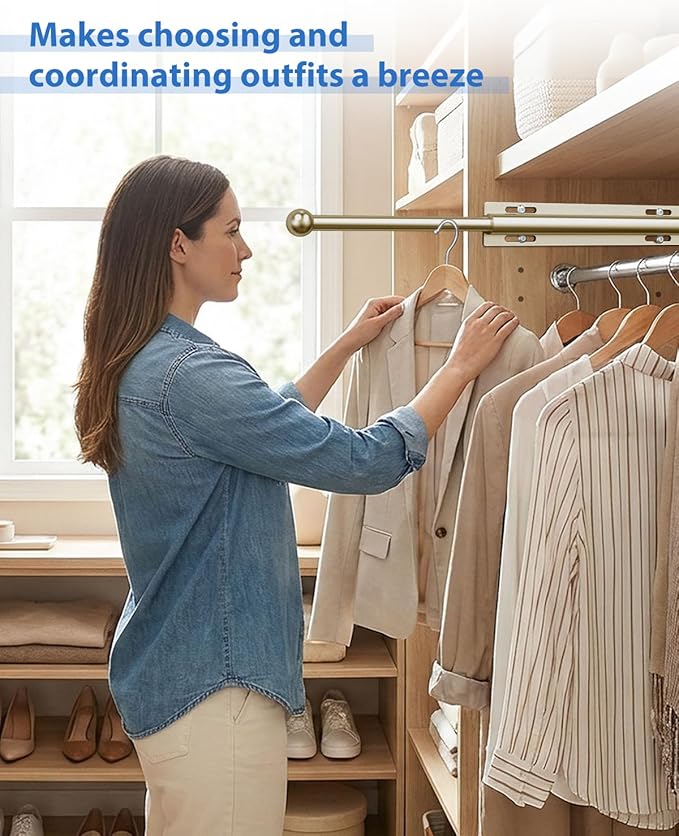 Valet Rod for Closet Pull Out, 12" Aluminum Valet Heavy Duty Closet Valet Rod, Adjustable Retractable Slide Out Valet Rod Closet Organization for Closet Laundry Bedroom Bathroom(Gold)
