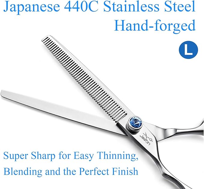 JASON Left Handed 7" 50 Teeth Blending Dog Grooming Scissor, Ergonomic Cats Grooming Thinning Shears Pets Trimming Kit with Offset Handle and a Jewelled Screw, Sharp, Comfortable Blender