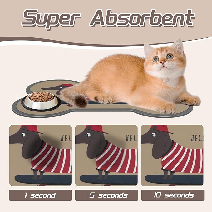 Le couranT Feeding Plastic Placemat for Food and Water Bowl, Absorbent-No Stains Quick Dry Dog Water Bowl Dispenser with Waterproof-Anti-Slip Backing Pet for Messy Drinkers, Lovely Dachshund-12x19 in