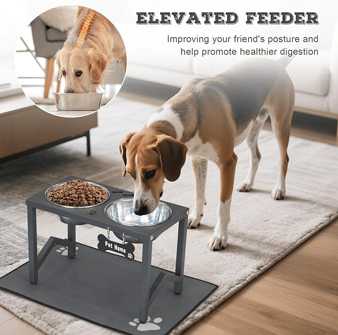 Elevated Dog Bowl Stand, 11.8 Inch Tall Raised Feeder with 2 Stainless Steel Bowls (58oz) and Non-Slip Mat for Medium/Large Dogs (Grey)
