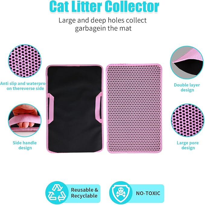 Cat Litter Mat, Kitty Litter Collector, Double Layered Honeycomb Design Waterproof, Anti Urine, Anti Slip, Easy to Clean, Limit Garbage (30"x24", Pink)
