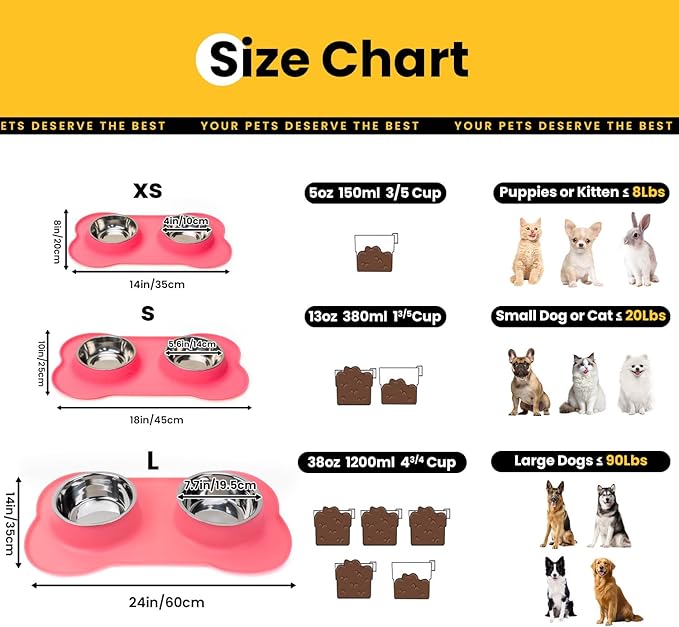 Dog Bowls with Silicone Feeding Mat,No Spill Food Water Dish Set,Dishwasher Safe,2 Stainless Steel Puppy Bowls with Dogs Bandanas,Suitable for Tiny Pets Under 8lbs,Extra Small,Pink