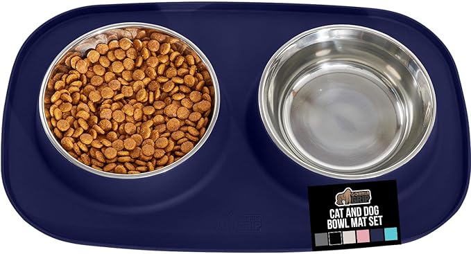 GORILLA GRIP Feeding Mat Set, Patent Pending 100% Waterproof BPA Free Silicone, Stainless Steel Cat and Dog Bowls, Slip Resistant, Edges Catch Water, Food, US Designed Pet Accessories, 2 Cup Navy Blue