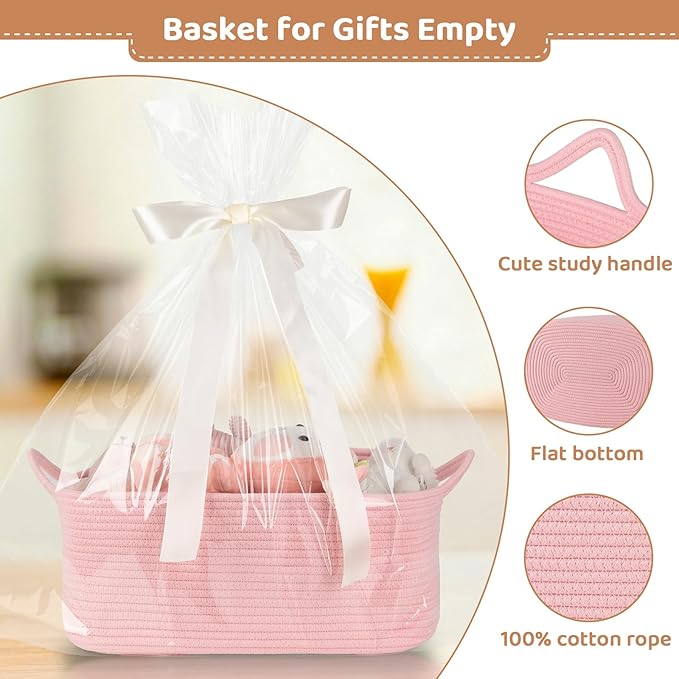Large Empty Gift Baskets for Baby Shower, 16.5"L x 12.6"W x 7"H Cute Woven Storage Basket with Gift Bags and Ribbons, Small Rope Toy Basket with Handles, Cat Dog Pet Toy Organizer - Pink