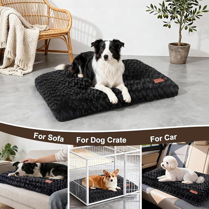 Dog Bed Crate Pad - Rosette Pattern White Velvet Pet Bed Anti-Slip Comfy Kennel Pad for Crates Rosette Black S