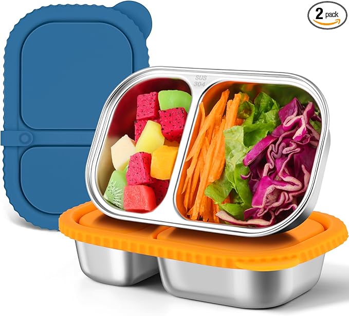2 Pack Stainless Steel Snack Containers with Silicone Lids, Reusable Stainless Steel Food Containers Snack Box, 2 Compartment Meal Prep Containers for Lunch, Leakproof, Dishwasher Safe