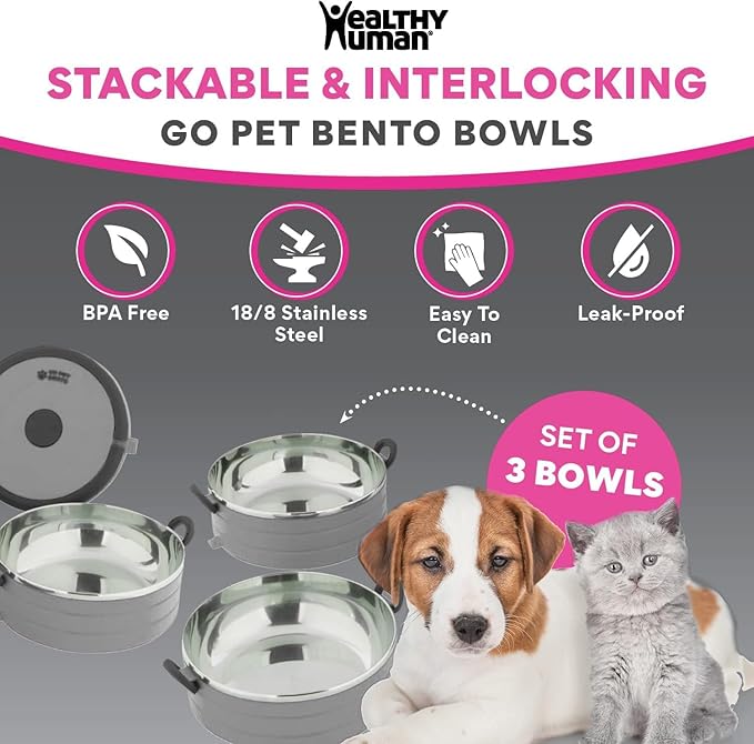 Healthy Human Travel Pet Bento Bowls - Human-Grade Stainless Steel & BPA-Free, Leak-Proof Water & Food Container Set for Dogs & Cats, 3-Pack Interlocking Bowls, Includes Spare Clips & Handle (Gray)