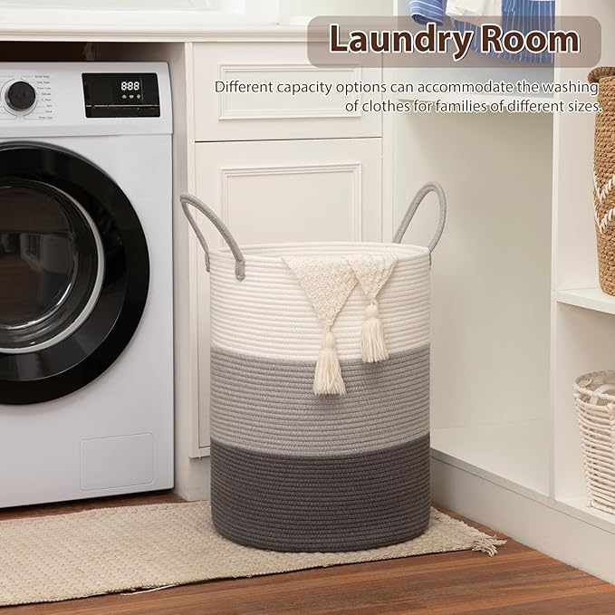 OIAHOMY Large Laundry Basket Hamper - 60L Cotton Rope Woven Basket for Blankets, Toys, Clothes - Tall Decorative Nursery Hamper with Long Handles, Gradient Grey