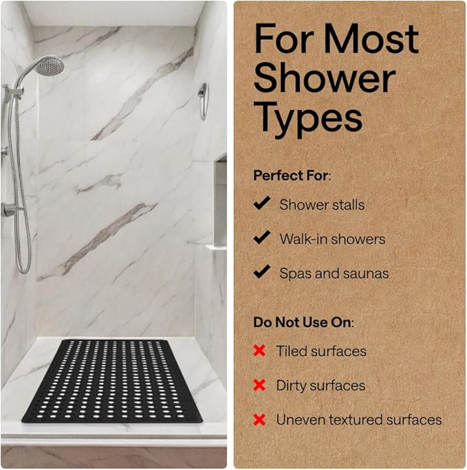 GORILLA GRIP Patented Square Shower Stall Mat, Small Bathtub Floor Mats for Stand Up Showers, Suction Cups and Drainage Holes, Machine Wash, Soft on Feet, Bathroom Accessories 21x21 Inch, Black Opaque