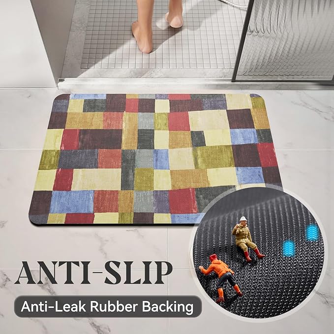 MontVoo -Bath Mat-Non Slip Thin Bathroom Rugs Fit Under Door- Quick Dry Absorbent Faux Suede Surface Grey Bathroom Floor Mats-Shower Rug for in Front of Bathtub Shower Retro Colors Plaid 16x24