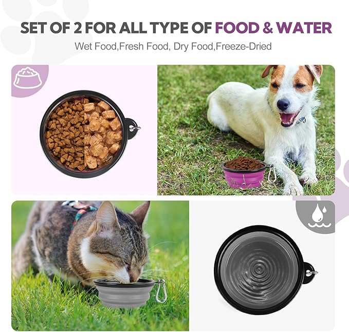 Collapsible Dog Bowl 2 Pack, Dog Water Bowls for Travels, Portable Foldable Pet Bowls Feeding Watering Dish for Parking Walking Camping with 2 Carabiners Clip (12oz, Small, Grey+Purple)