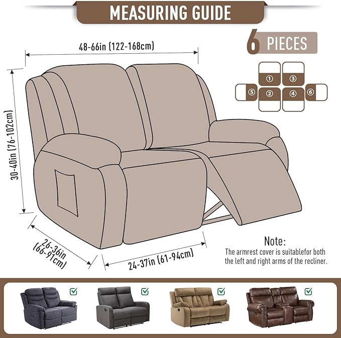 TAOCOCO Recliner Loveseat Slipcover, 6 Pieces Dual Recliner Sofa Covers for 2 Seat Dual Reclining Loveseat Couch, Stretch Soft Jacquard Pattern Furniture Protector with Elasticity (Khaki)