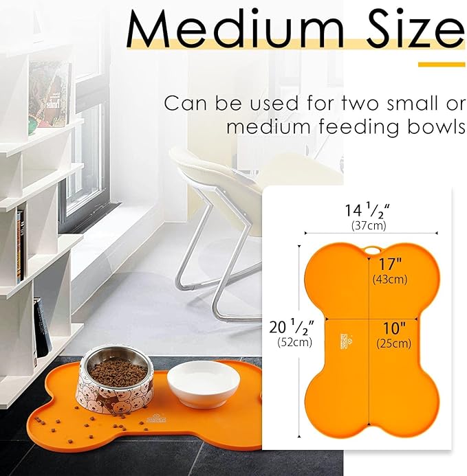 Super Design Dog Food Mat Dog Bowl Mat for Food and Water Silicone Non Spill Cat Feeding Mat Puppy Placemat Waterproof - 20.5" x 14.5", Orange