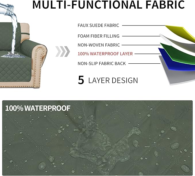 Easy-Going Sofa Slipcover Waterproof Sofa Cover Couch Cover for 4 Cushion Couch with Elastic Straps Washable Non-Slip Furniture Protector Cover for Pets, Dogs, Cat (XX-Large, Greyish Green)