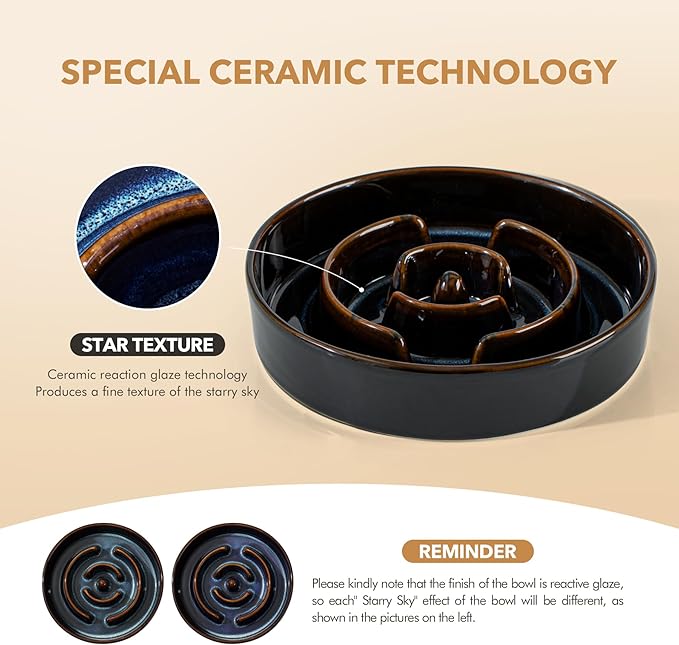 Ceramic 3.2 Cup Raised Slow Feeder Dog Bowl Set, Elevated 8.2inch Bowl and 9.5inch Dish with Acacia Wood Stand for Large Dog, Stop Bloat(2 x Starry Sky+ Stand)