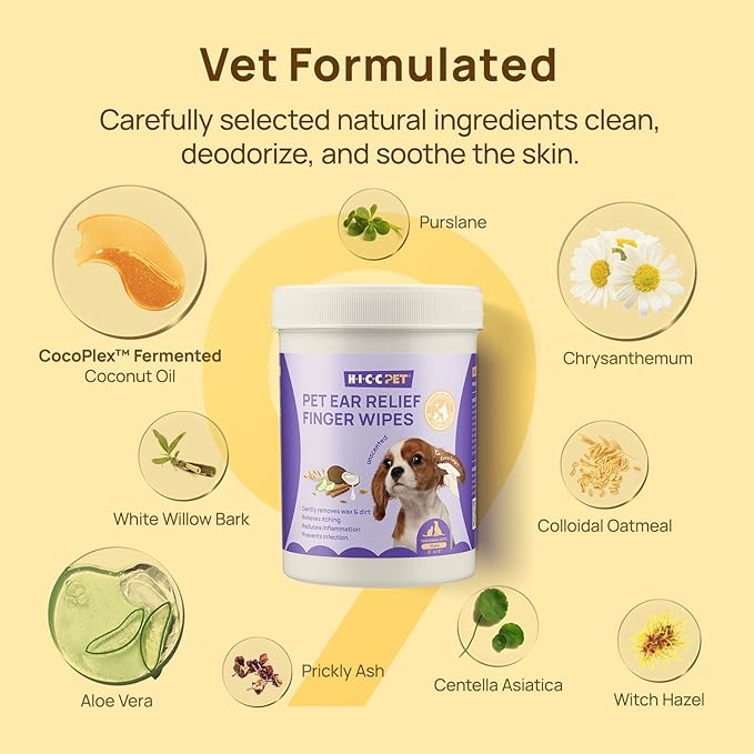 HICC PET Ear Cleaner Wipes for Dogs & Cats, Vet-Recommended Dog Ear Infection Treatment to Relief Itching & Inflammation, Remove Wax, Dirt & Stop Smelly, Cleaning Deodorizing Wipes 100ct(Unscented)