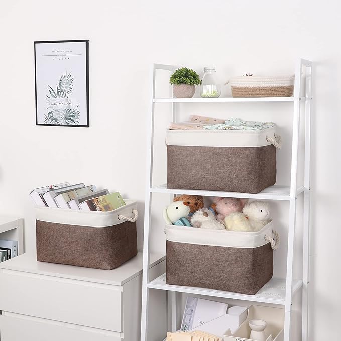Bidtakay Baskets Fabric Storage Bins for Shelves [3-Pack] Decorative Storage Baskets for Organizing 15 X 11 X 9.5 inches Nursery Closet Foldable Toy Storage Closet Organizer Brown