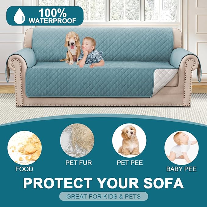 Turquoize 100% Waterproof Sofa Covers Couch Cover Sofa Cover for Dogs Couch Protector Triple Non-Slip Sofa Slipcover for 3 Cushion Couch Furniture Protector for Pets, Kids (XL Sofa 78", Stone Blue)